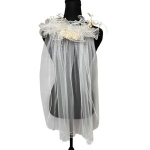 Retro 80s Inspired Ivory Floral Pearl Headband Bridal Veil Wedding Tulle